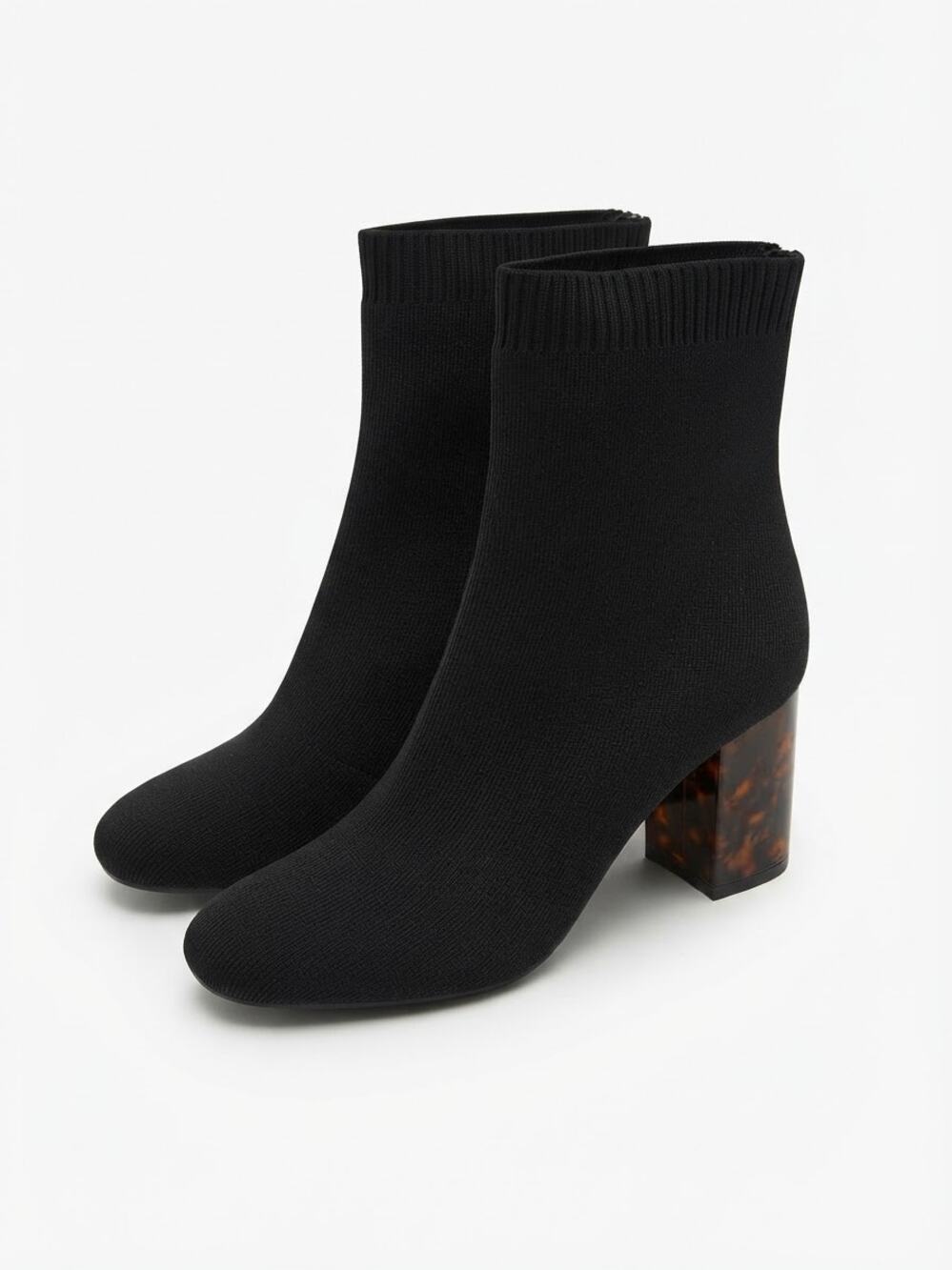 MIA Black Knit Sock Booties Tortoise Block Heel Size 8 Chic Modern Fall Trendy